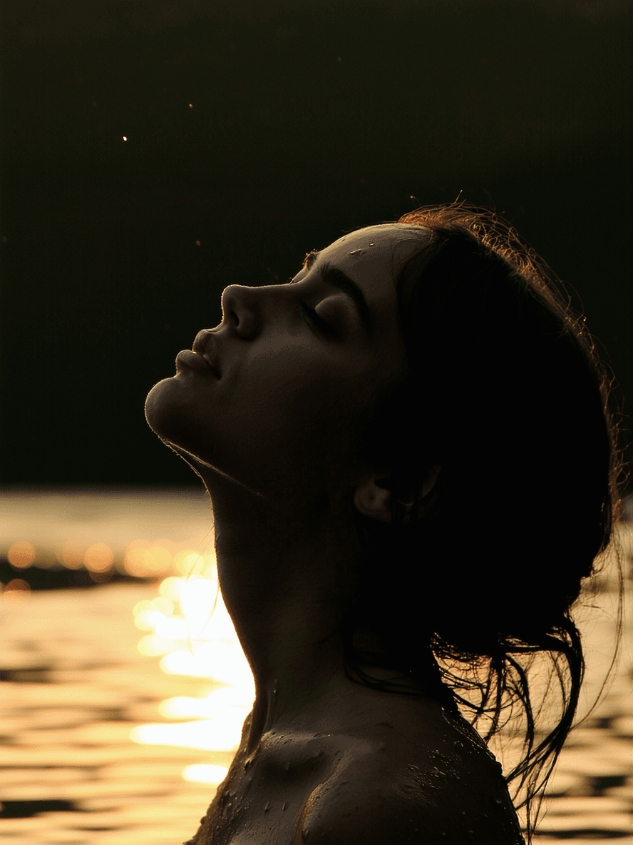 AI generated: in the grace of a glowing dawn, hands caress where sun warms her throat, the most beautiful girl sig...