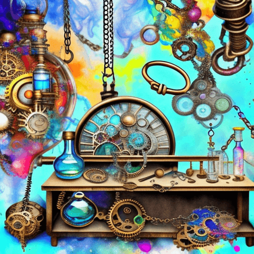 AI generated: digitally creative psychedelic collage, steampunk, alchemist, chemistry, jewelry designer, work benc...