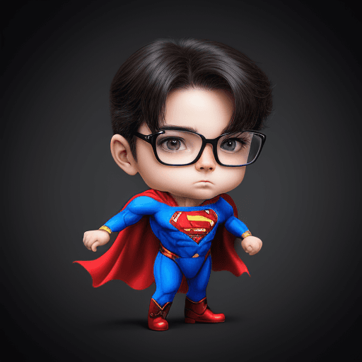 AI generated: Puppy with costum superman, elegant computer geek, chibi and real style, masterpiece, realistic phot...