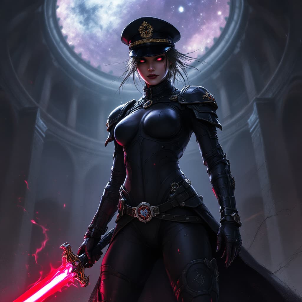 AI generated: artwork in the grimdark style of warhammer 40k of a young female comissar, standing infront a gothic...
