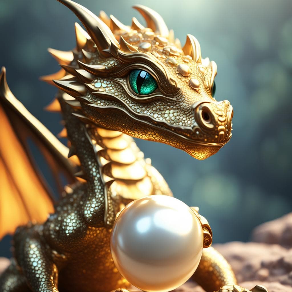 AI generated: a beautiful portrait of a majestic hatchling dragon offering a pearl to the viewer, glowing gem, pur...
