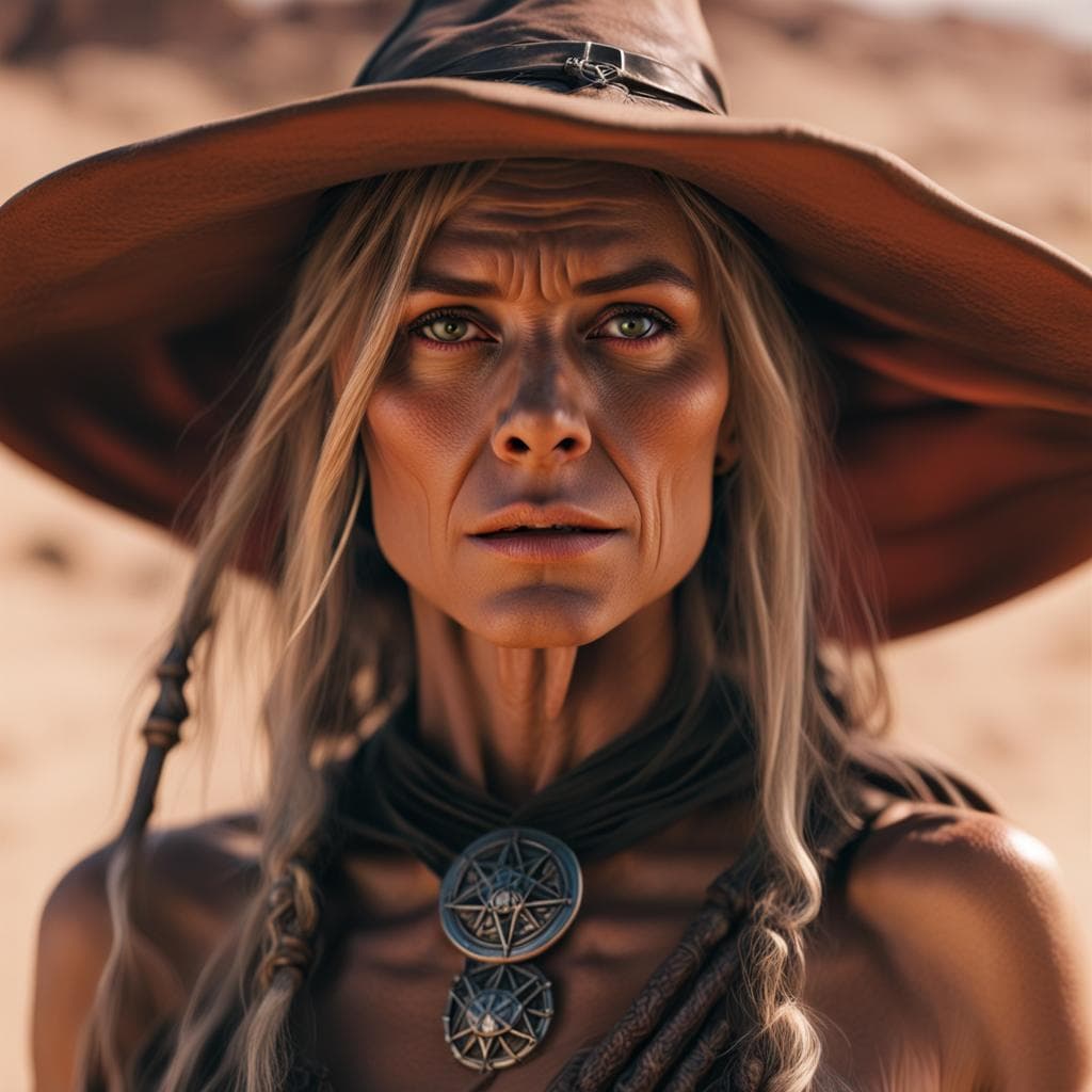 AI generated: A realistic close photograph of a middle aged woman as a witch, wearing a witch hat, detailed tan sk...