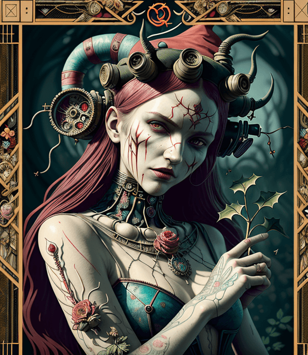 AI generated: tarot card with intricate detailed frame around the outside, portrait of cyberpunk head with jester ...