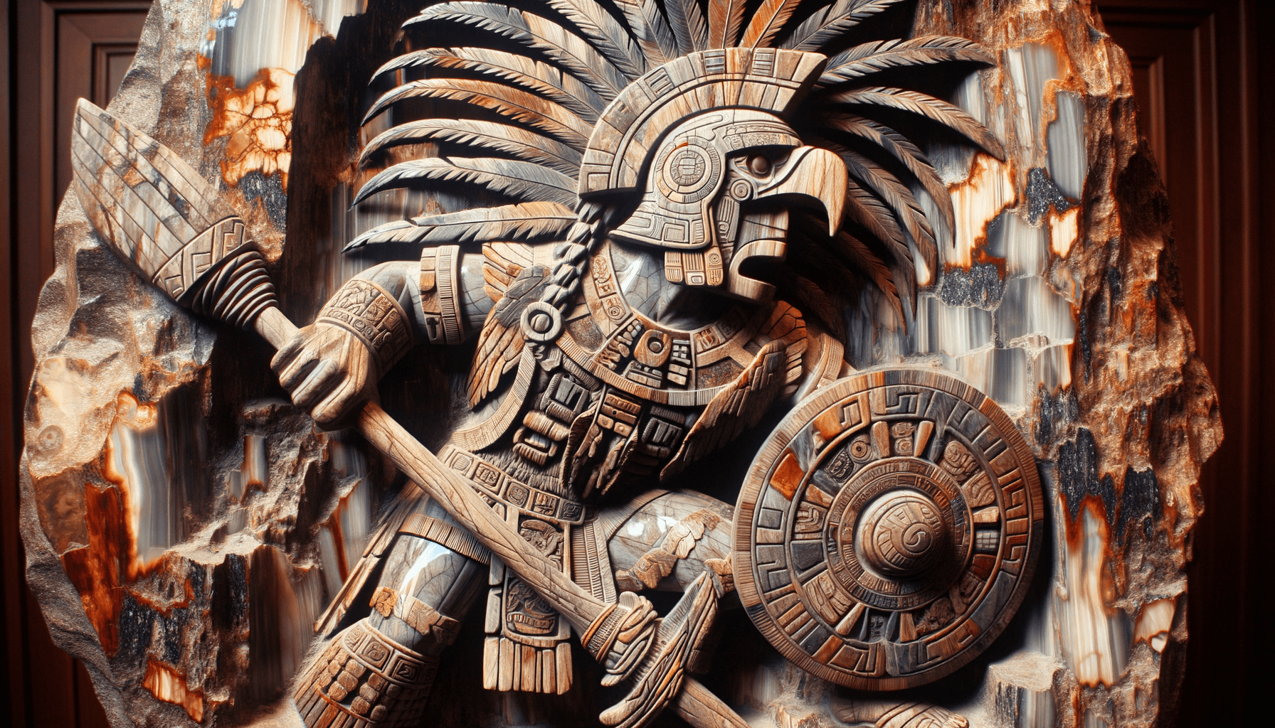 AI generated: Aztec warrior, petrified wood