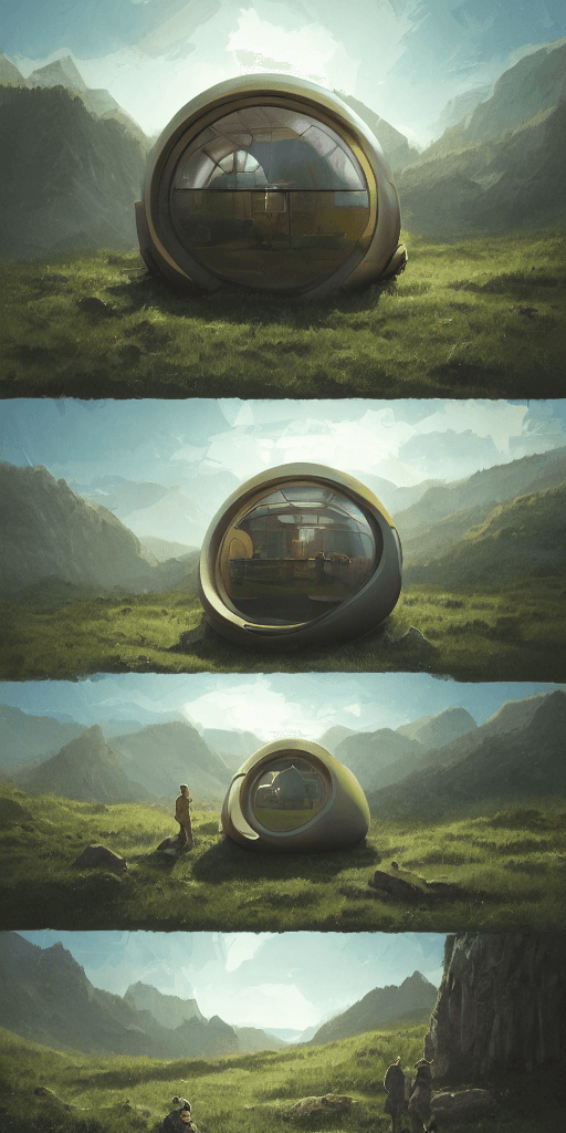 AI generated: cabela's tent sci - fi retro futuristic pop up family space pod, cabin, modular, person in foregroun...