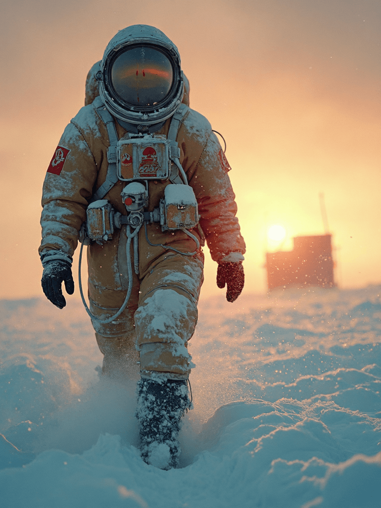 AI generated: (A hyper-realistic, cinematic photograph in the style of 1970s Soviet sci-fi:1.3), depicting a lone ...
