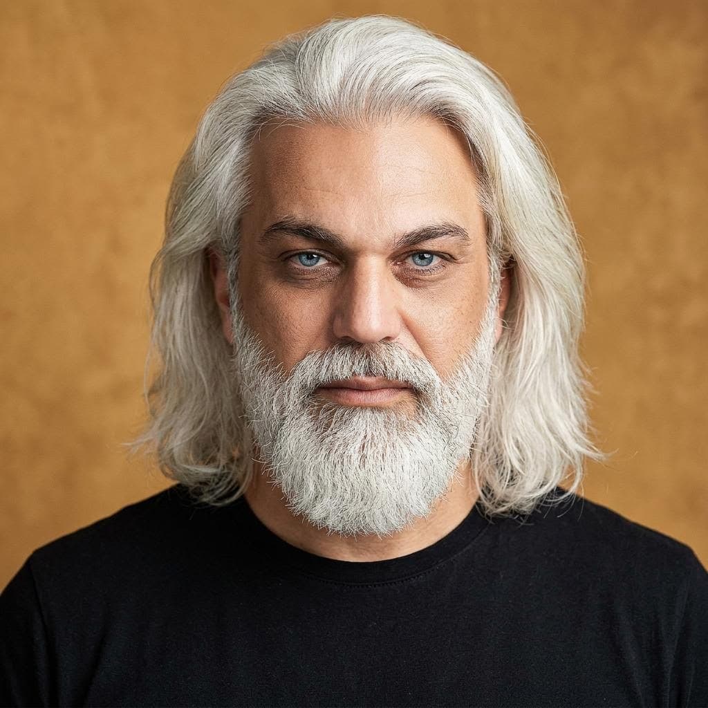 AI generated: {
  "subject_and_concept": {
    "subject": "A striking, middle-aged man with a Viking-inspired aest...
