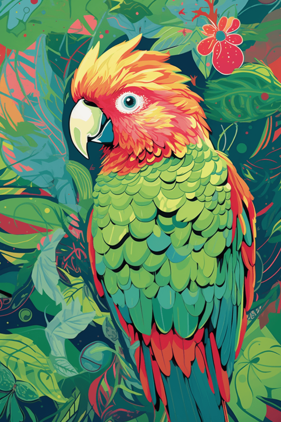AI generated: Vector, a cheerful and lively multi-colored parrot design, on a green background, Orbital art, by Ke...