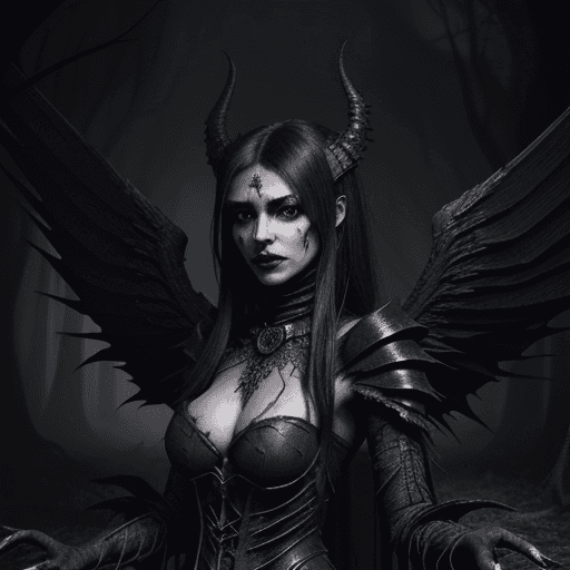 AI generated: In this portrait, Serqet is shown in her Dark Lord skin, standing in a dark and twisted version of t...
