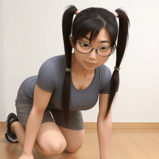 AI generated: fit asian woman with pigtails and glasses kneeling down. 