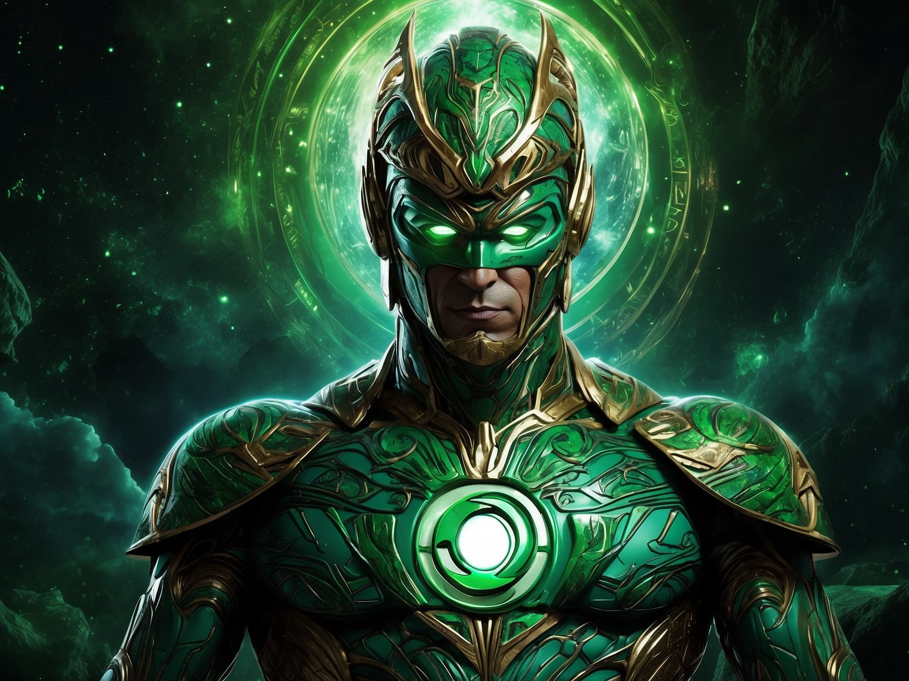 AI generated: A masterpiece artwork of Green Lantern transformed into a Pharaoh God, rendered in stunning detail a...