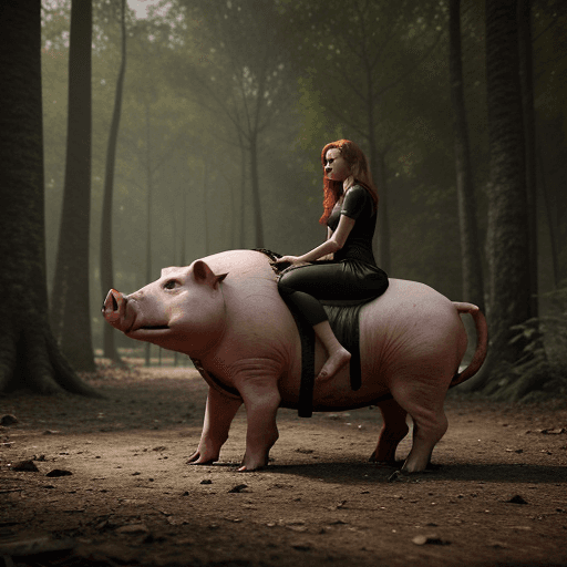 AI generated: red hair india sitting on a scary pig in a forest. cinematic, hyper realism, high detail, octane ren...