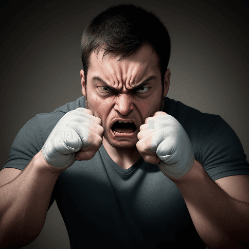 AI generated: The image shows a visibly frustrated man, with an angry and aggressive expression. His face is flush...