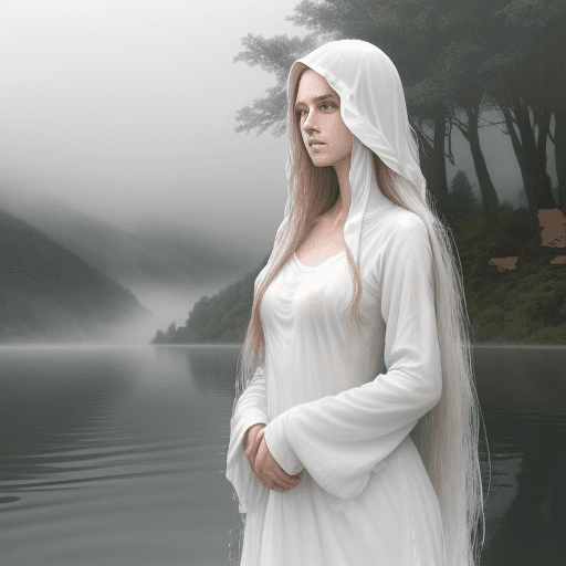 AI generated: The long-haired woman stood in the beautiful lake. The lake water covered her chest and soaked her w...