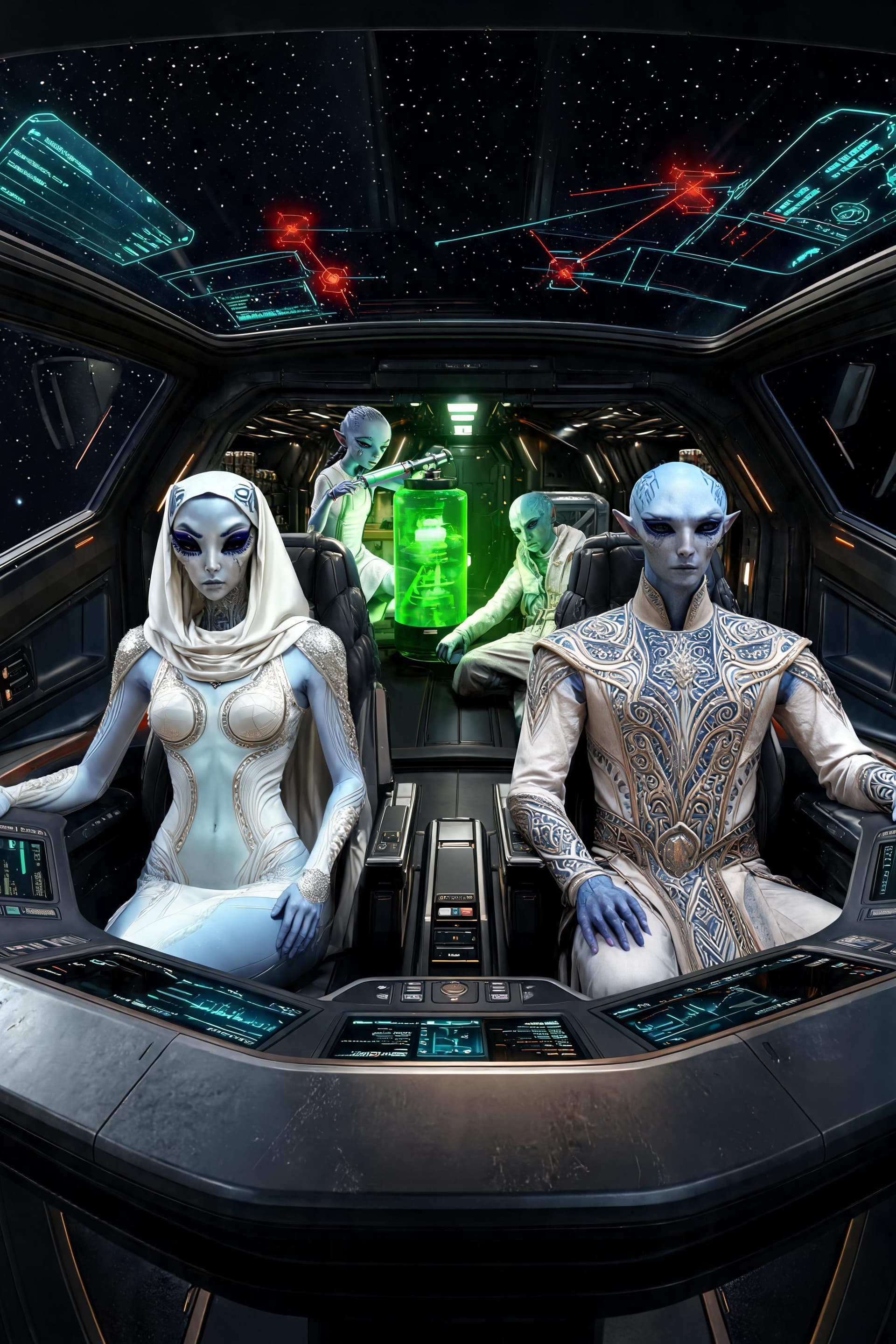 AI generated: Ultra-detailed cinematic sci-fi spacecraft cockpit traveling through deep space. The pale-blue femal...