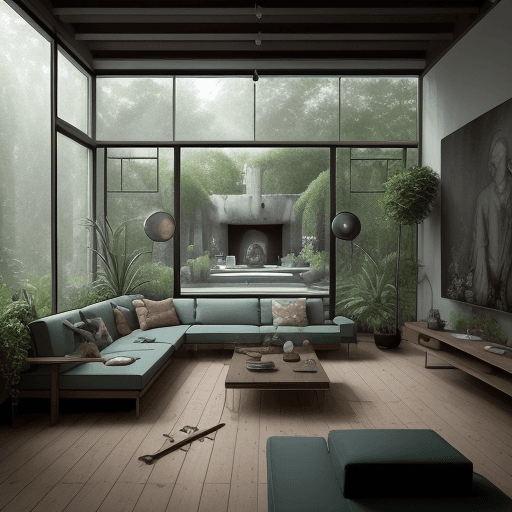 AI generated: High resolution photography interior design, dreamy sunken living room conversation pit, wooden floo...