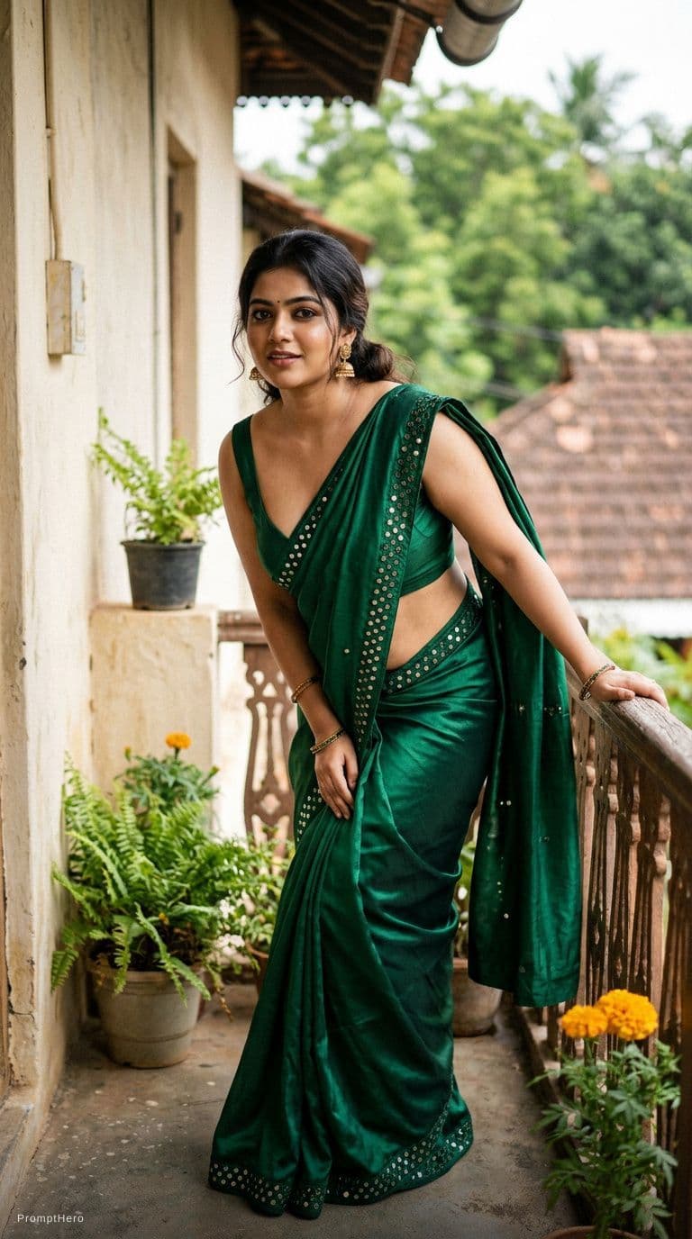 AI generated: Tamil girl. modern sexy glossy mirror saree, wearing saree saree saree model. glossy mirror saree Na...