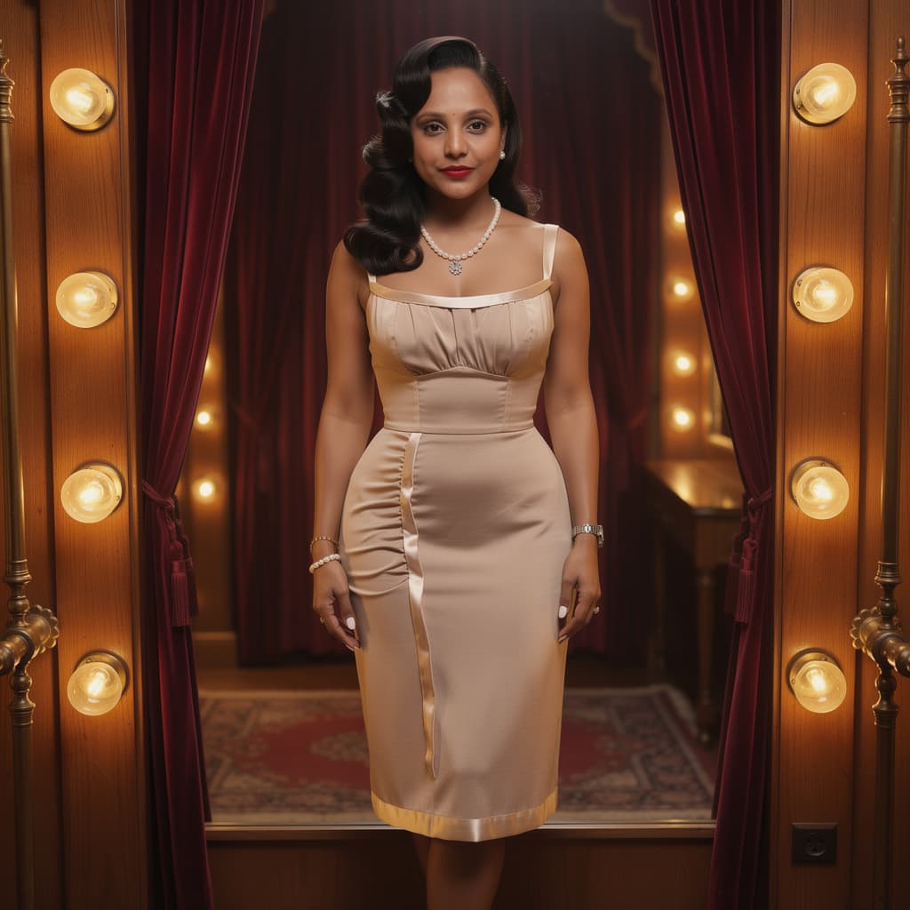 AI generated: A softly lit vintage dressing room glows with warm amber light as a woman stands before a mirror, ca...