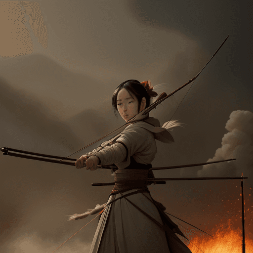 AI generated: beauty japanese women archers with bows, long hijab, in the style of historical war reimagining, cin...