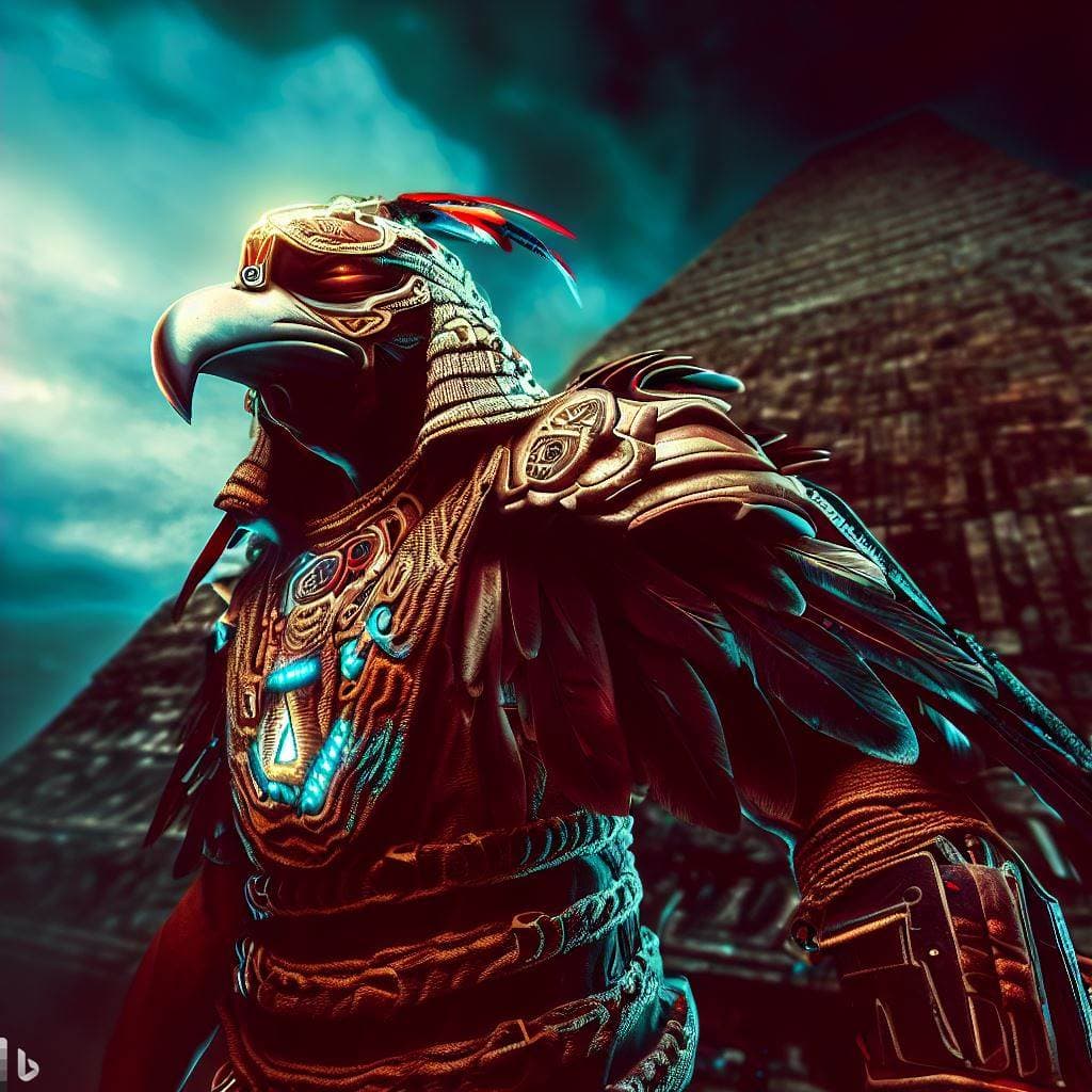 AI generated: wide-photography futuristic eagle-mask aztec warrior on guard pose, imposing, background: aztec empi...