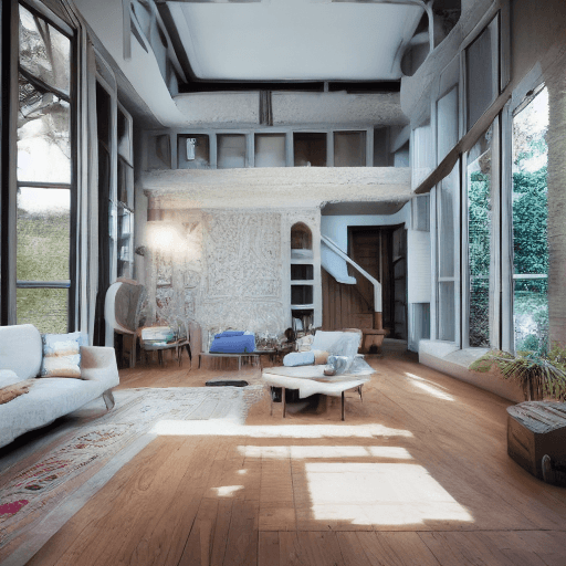 AI generated: High resolution photography interior design, dreamy sunken living room conversation pit, wooden floo...