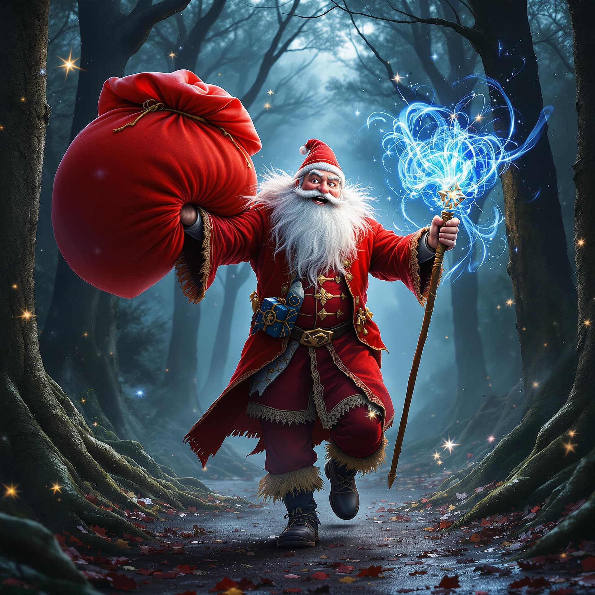 AI generated: movie poster, pleased kind russian uncle frost wearing red rocker clothes is depicted in an action p...