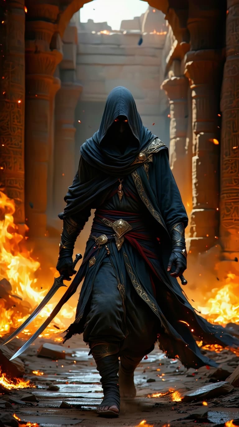 AI generated: An ultra-realistic, wide angle, front facing, full-body portrait of a hooded Persian Assassin, drape...