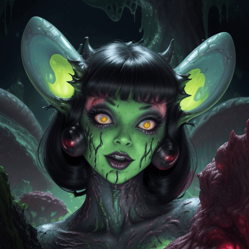 AI generated: betty page as ahorror creature from Space. terraforming. Alien Flora, large gazing eyes, close-up, h...
