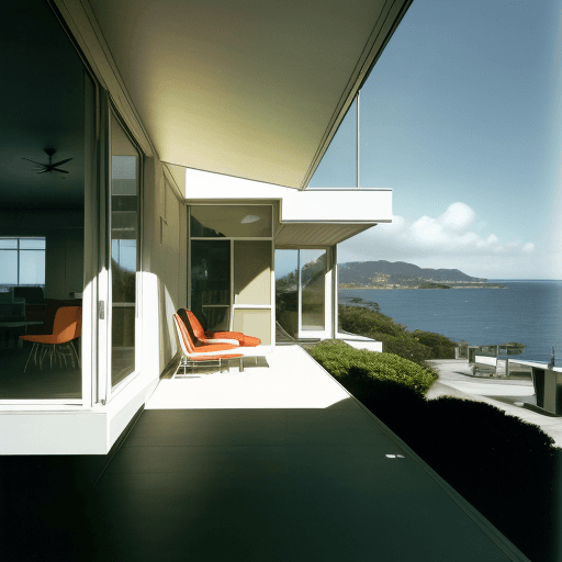 AI generated: Hyper realistic eye level exterior photo of a mid century modern style house overlooking the ocean, ...
