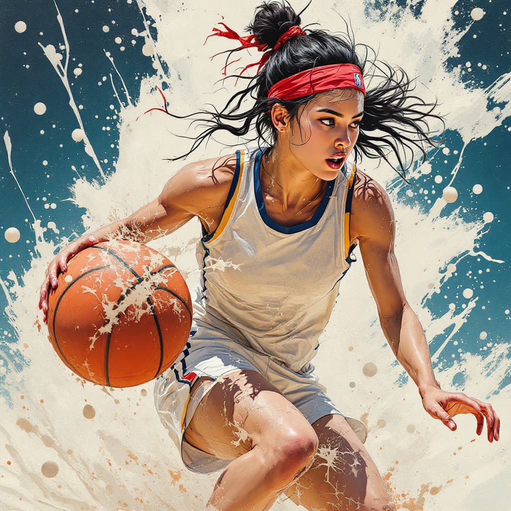 AI generated: a ultradetailed beautiful painting of a woman dribbling a basketball, by conrad roset, greg rutkowsk...
