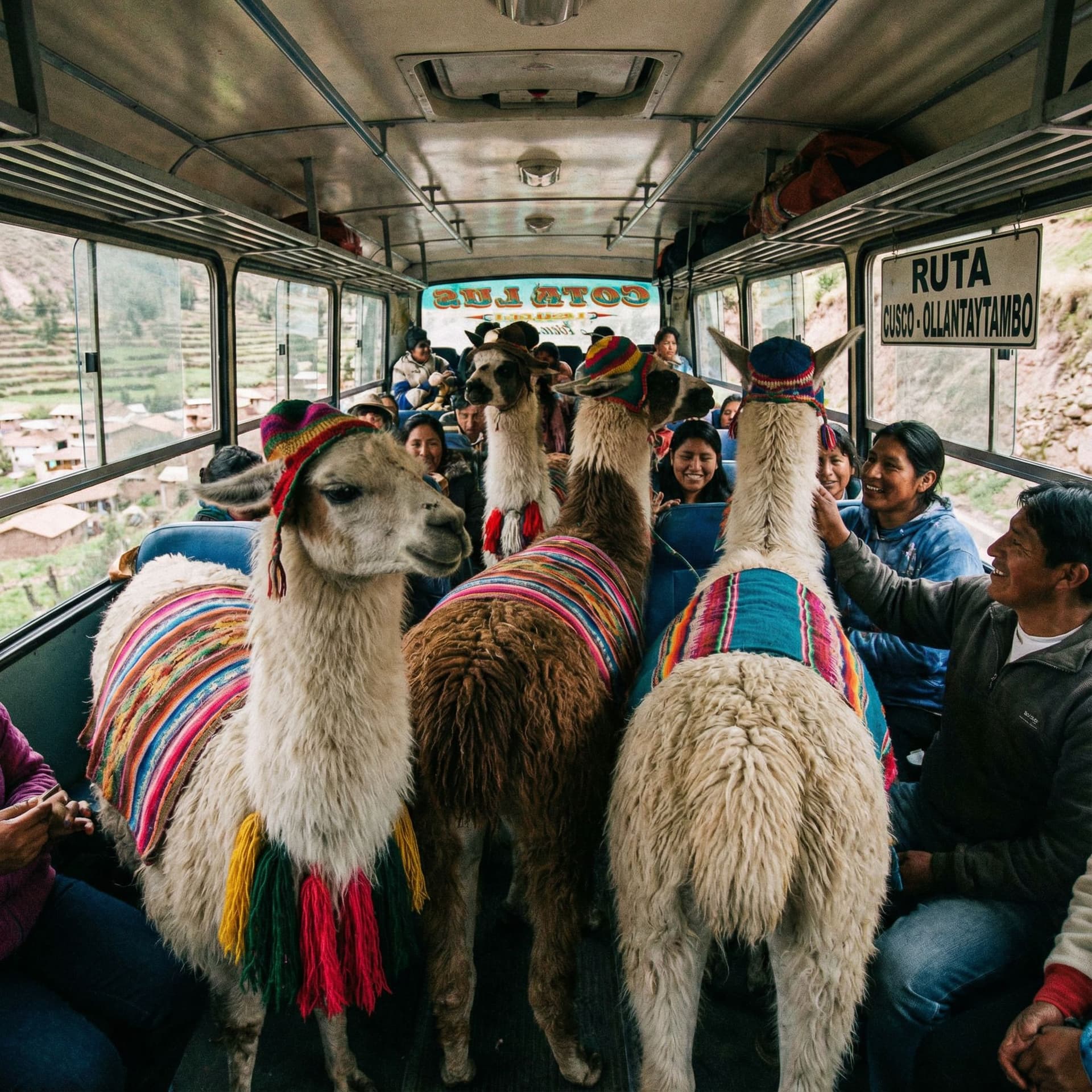 AI generated: Unas llamas dentro de un autobus en Perú