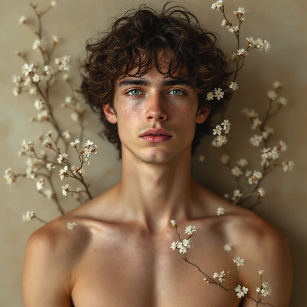 AI generated: ront-facing portrait of a young man with fair skin, intense green eyes, natural freckles, and slight...