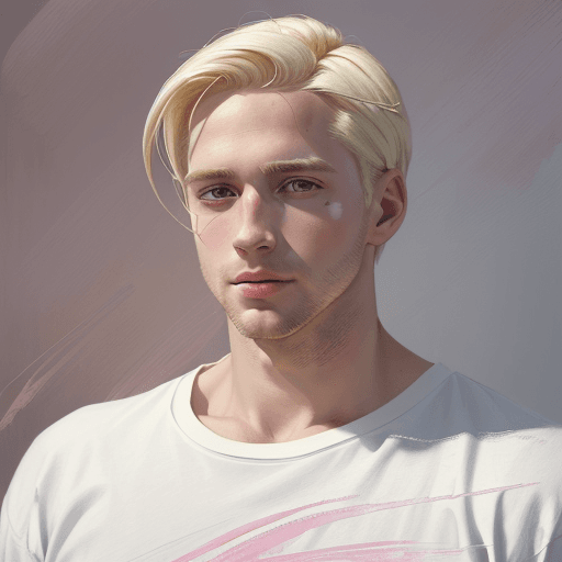 AI generated: new art : a white man 32 years old, blonde hair with pink t-shirt and no beard. satara by johnny tay...