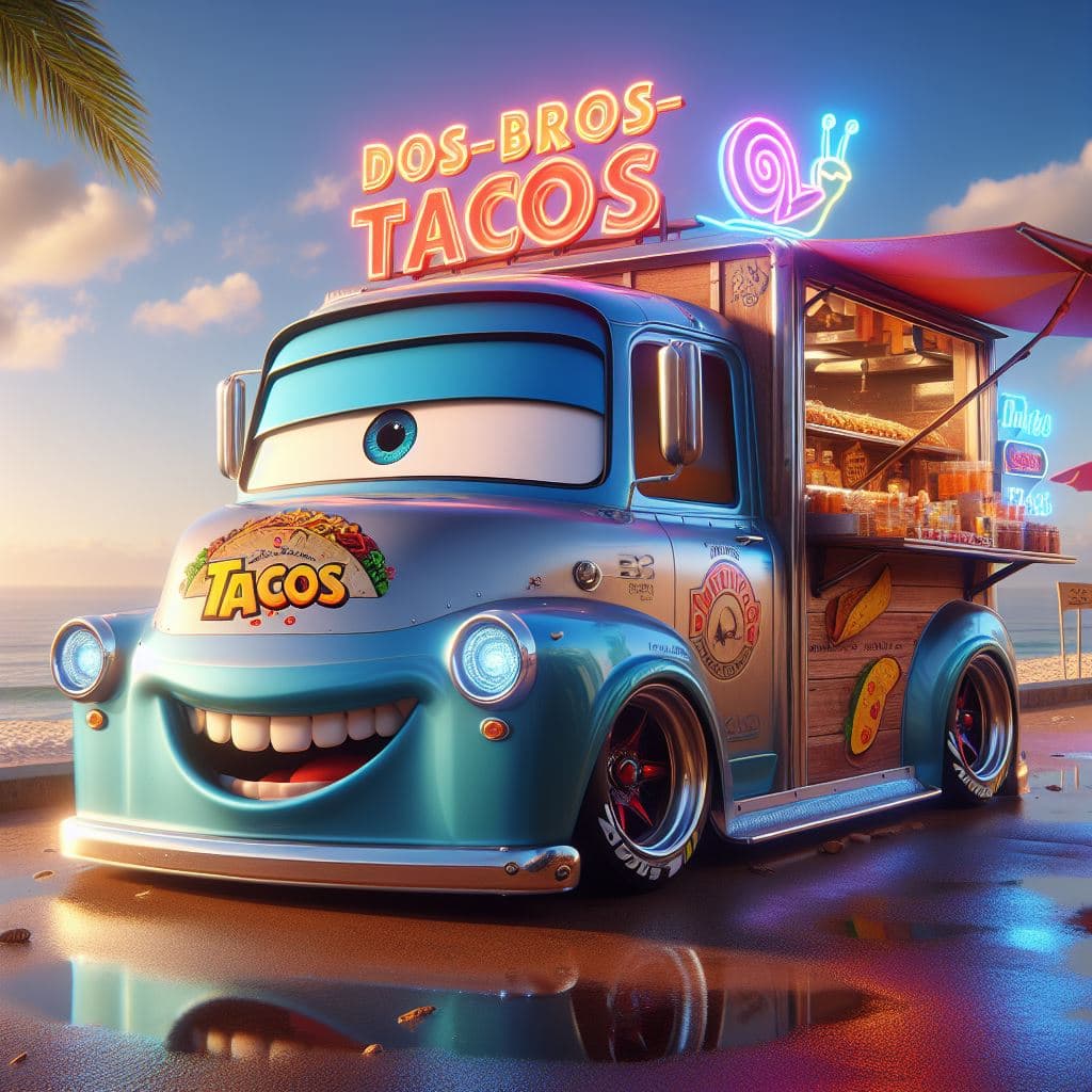AI generated: "a highly detailed photorealistic, 8k sharp focus, hdr, PIXAR taco food truck from CARS with one eye...