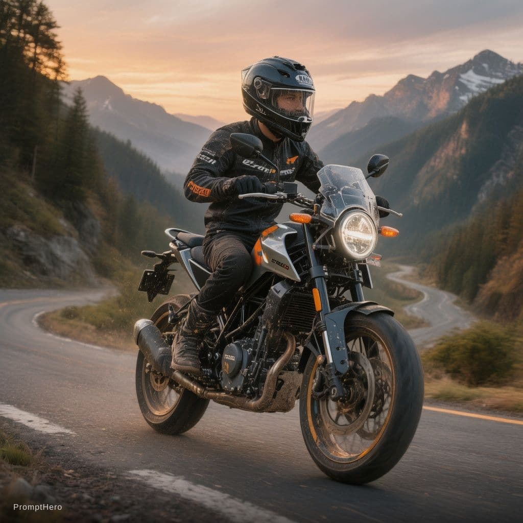 AI generated: T-Shirt , Dominar 400
 motorcycle riding trough a mountain 