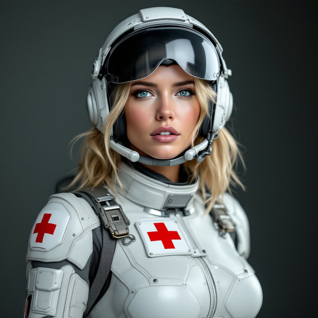 AI generated: Adult female with athletic build, shoulder-length blonde hair, wearing white metal combat armor and ...