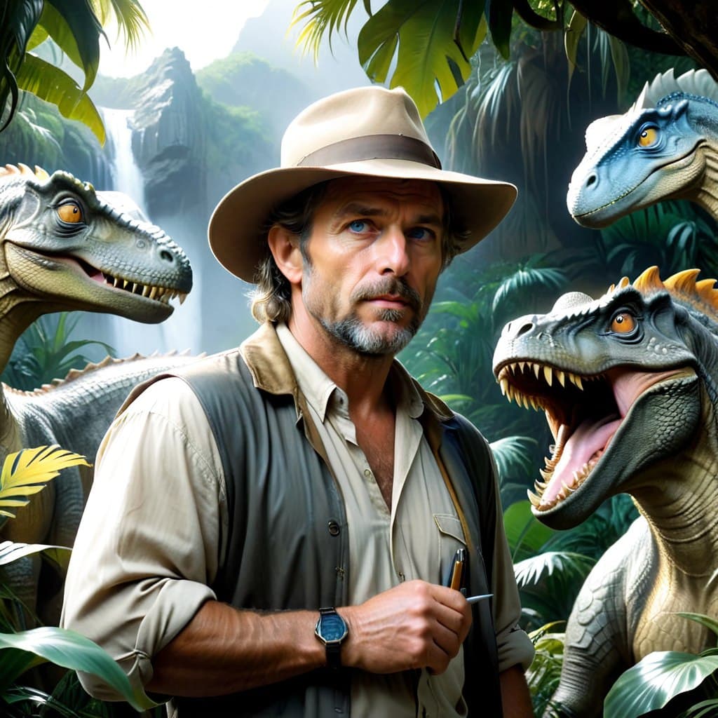 AI generated: mdjrny-v5 style portrait photograph of Dr. Alan Grant as an adventurous paleontologist, rugged middl...