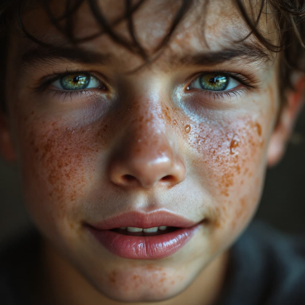 AI generated: A face of a little boy with tears in his eyes and sweat allover his face with dry chapped lips who h...
