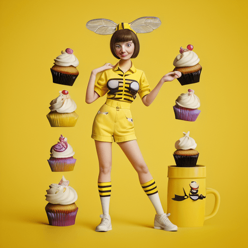 AI generated: 3d model of a cartoon bee in yellow outfit holding a cupcake, in the style of ilya kuvshinov, seth m...