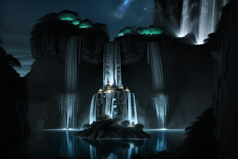 AI generated: ilustración de un gran castillo en un mundo de fantasía, Cataratas y cascadas alrededor, cielo azul,...