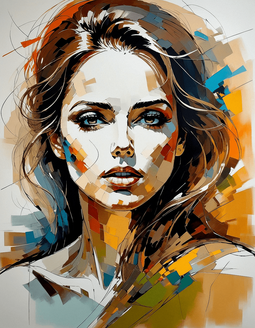 AI generated: A contemporary painting of a woman combining realistic and abstract elements. Her face should be det...