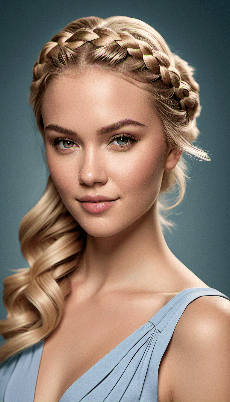 AI generated: An image of a beautiful woman, Halo Braid hair style, slim with curves, spring season outfits, studi...