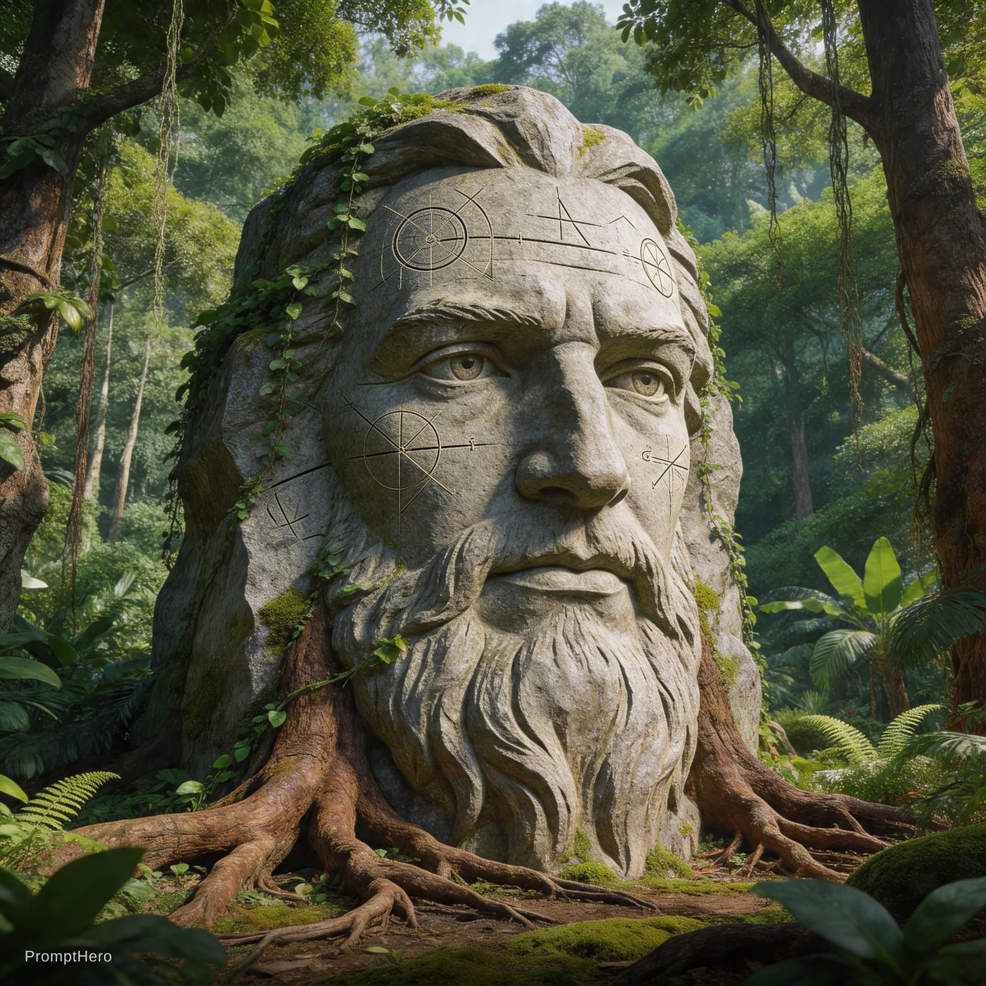 AI generated: A highly detailed, vertical cinematic image showing a massive monolithic stone carving of Isaac Newt...