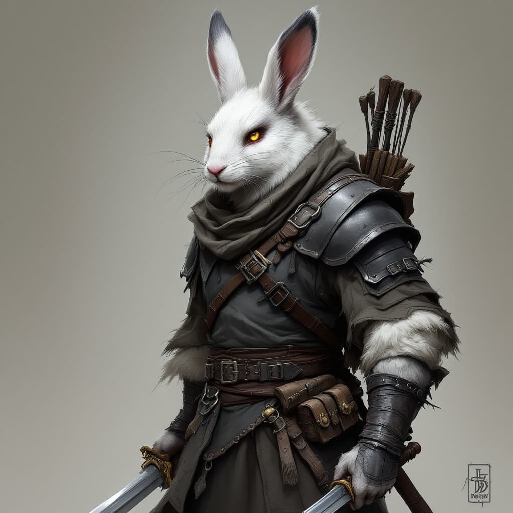 AI generated: male d&d harengon, male dnd rabbitfolk, :: white fur with grey tipped ears, male rogue wearing grey ...