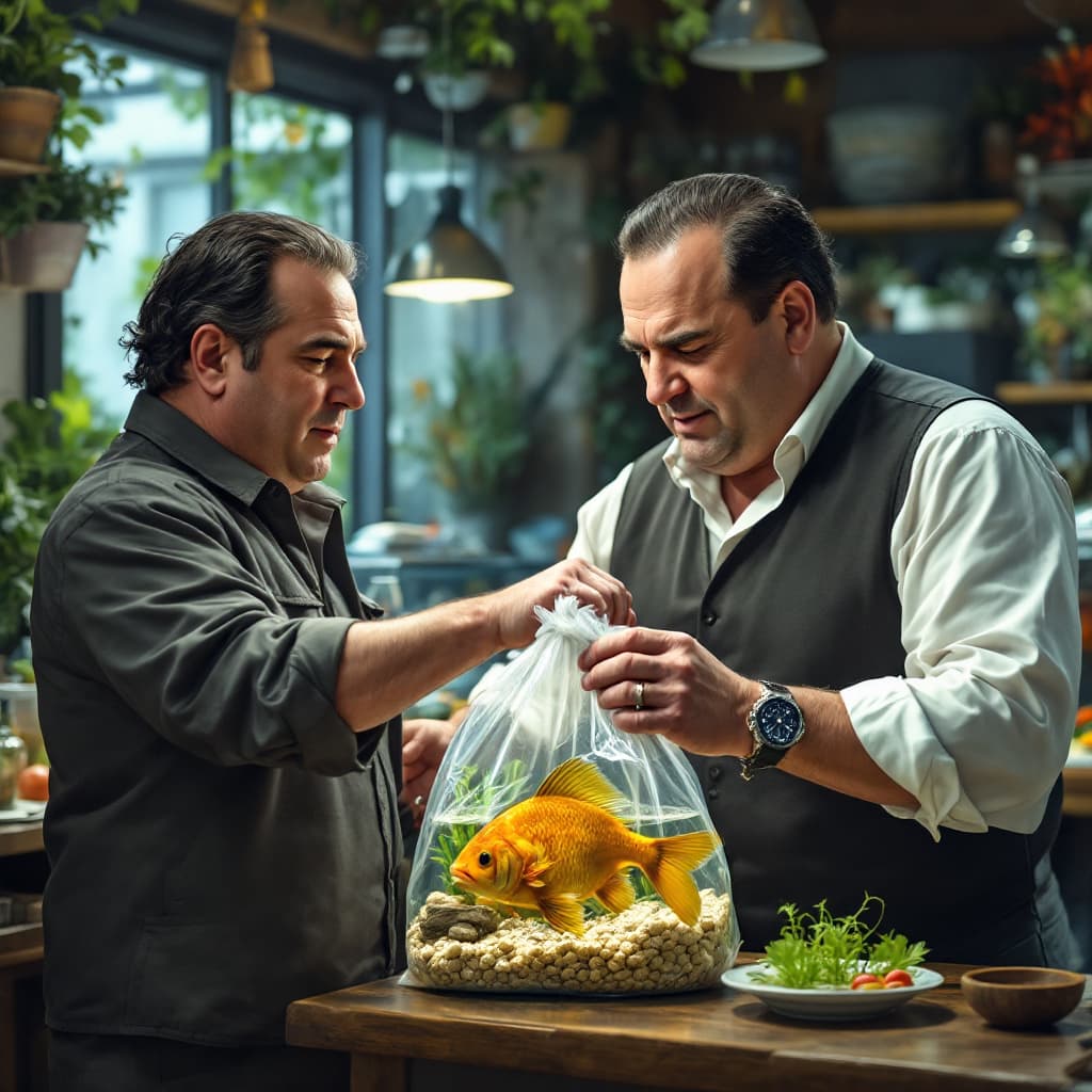 AI generated: create a picture where Tony Soprano from the TV series Tony Soprano in an aquarium store gives an aq...