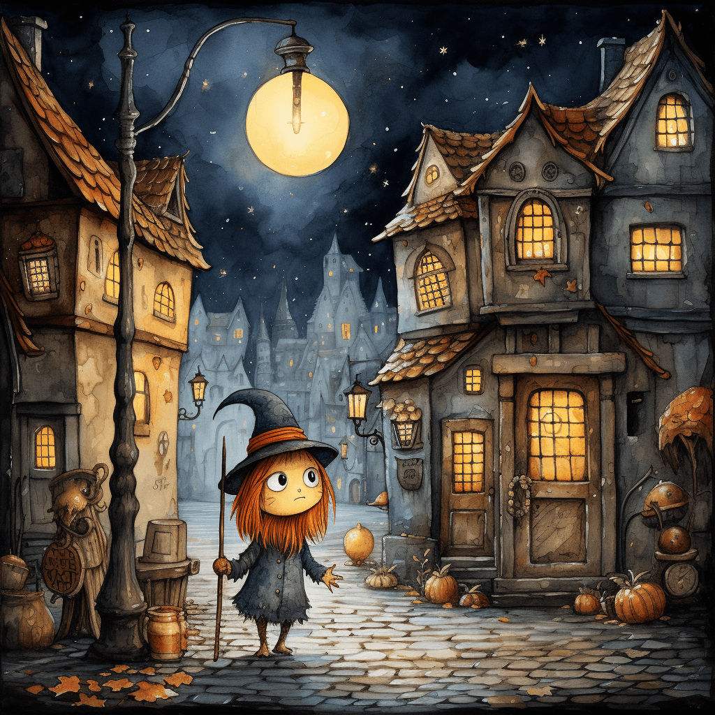 AI generated: A little red-haired witch wearing a witchhat and holding a broom stick in her left hand is walking a...