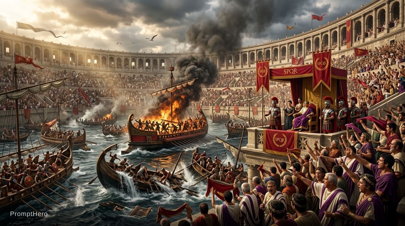 AI generated: Inside the Colosseum in ancient Rome at the height of the Roman Empire, an immense amphitheater pack...