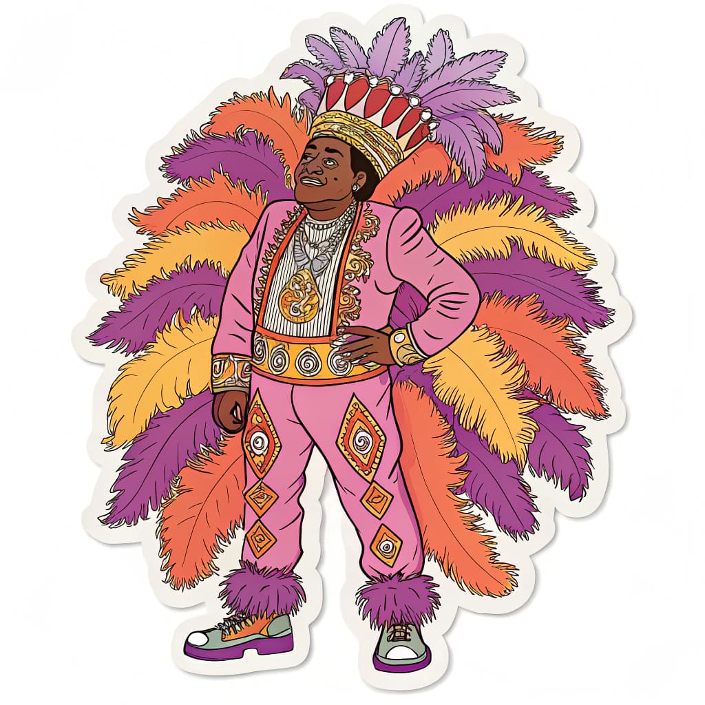AI generated: A sticker of elongated bodies, semi realistic images, fully beaded shirt, beaded pants, and beaded s...