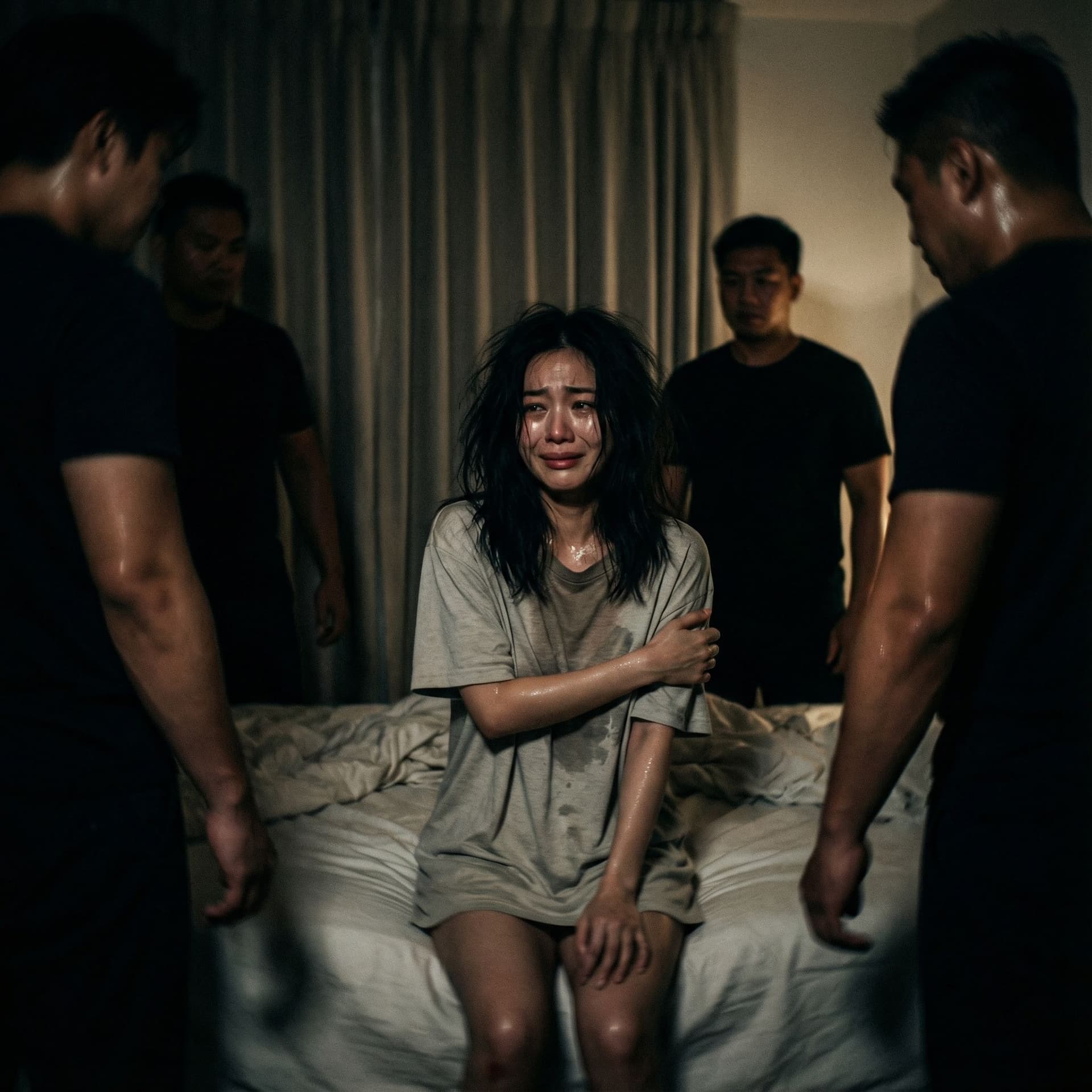 AI generated: , 1girl petite Asian female surrounded by 4 muscular men, gangbang group sex, airtight double penetr...