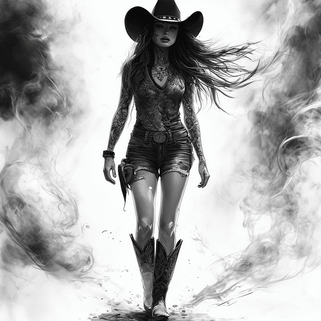 AI generated: A digital drawing of an urban cowgirl, full body, walking on the street, wearing cowboy boots and ha...